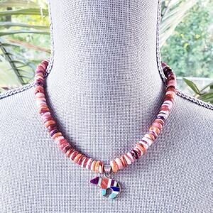Navajo Spiny Oyster Artisan Turquoise Sterling Silver Inlaid Bear Necklace 17"